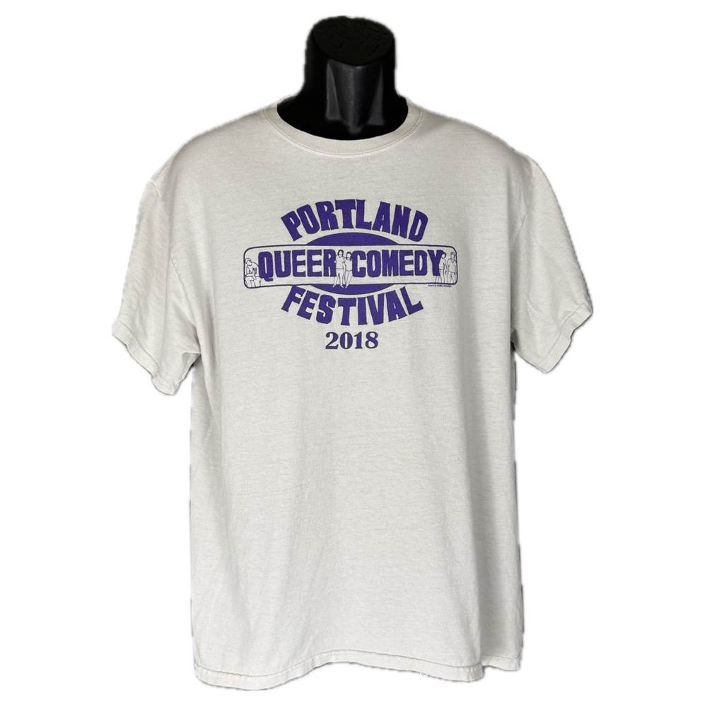 Portland Queer Comedy Festival 2018 Volunteer White Graphic 2-Sided T-Shirt Sz L
